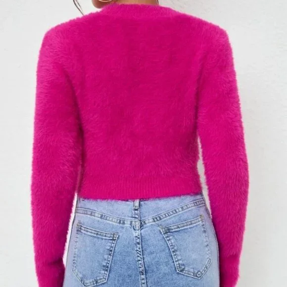 Comfy Heart Cut Out soft Fuzzy hot pink knit Sweater top - Picture 5 of 6